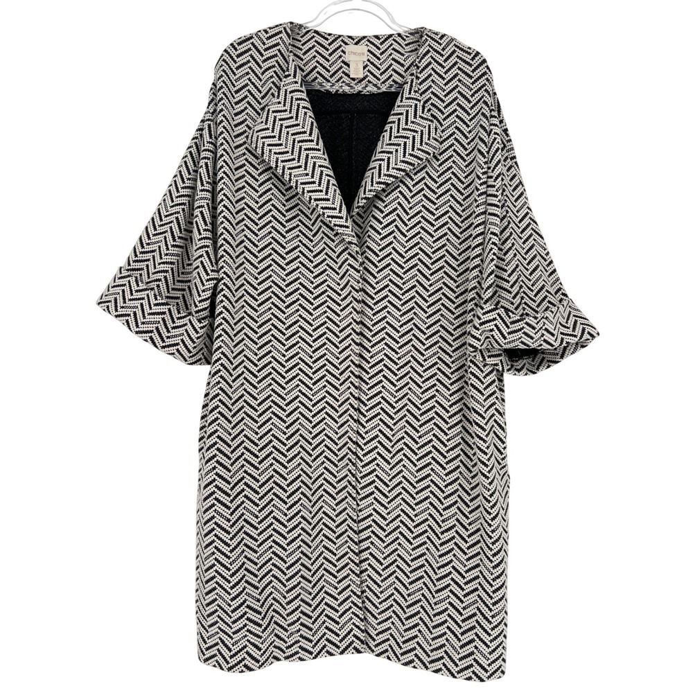 Chicos Chevron Longline Jacket Black White Open Front Snap Cardigan Women Size 3